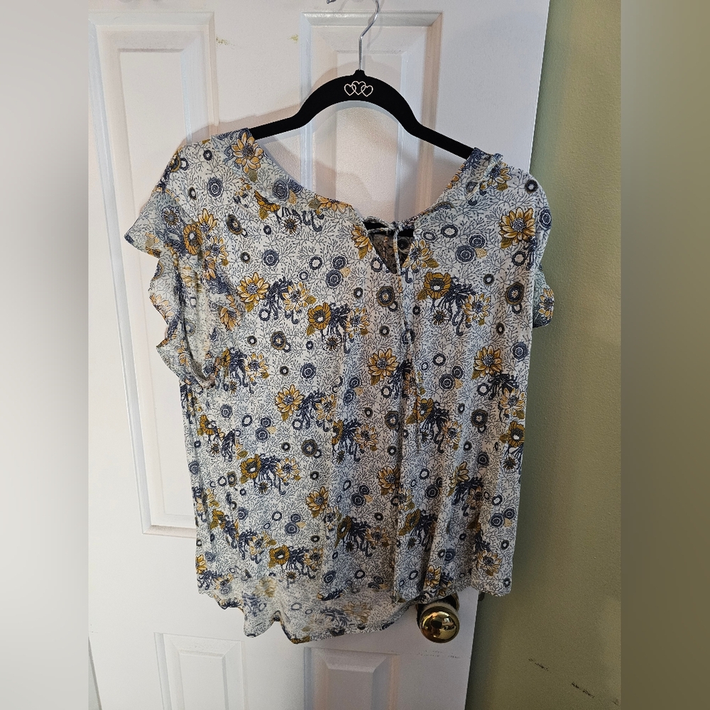 Lucky Brand Floral Blouse with Blue and Gold Accents